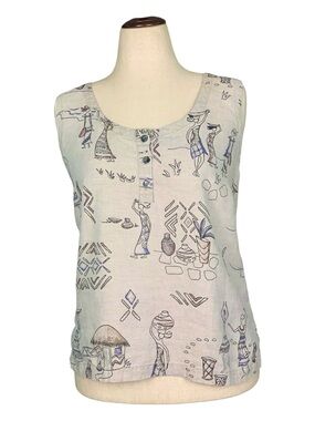 Mard Ware 100% Linen Sleeveless Shirt Blouse Beige Tribal Beach Doodle Print XL